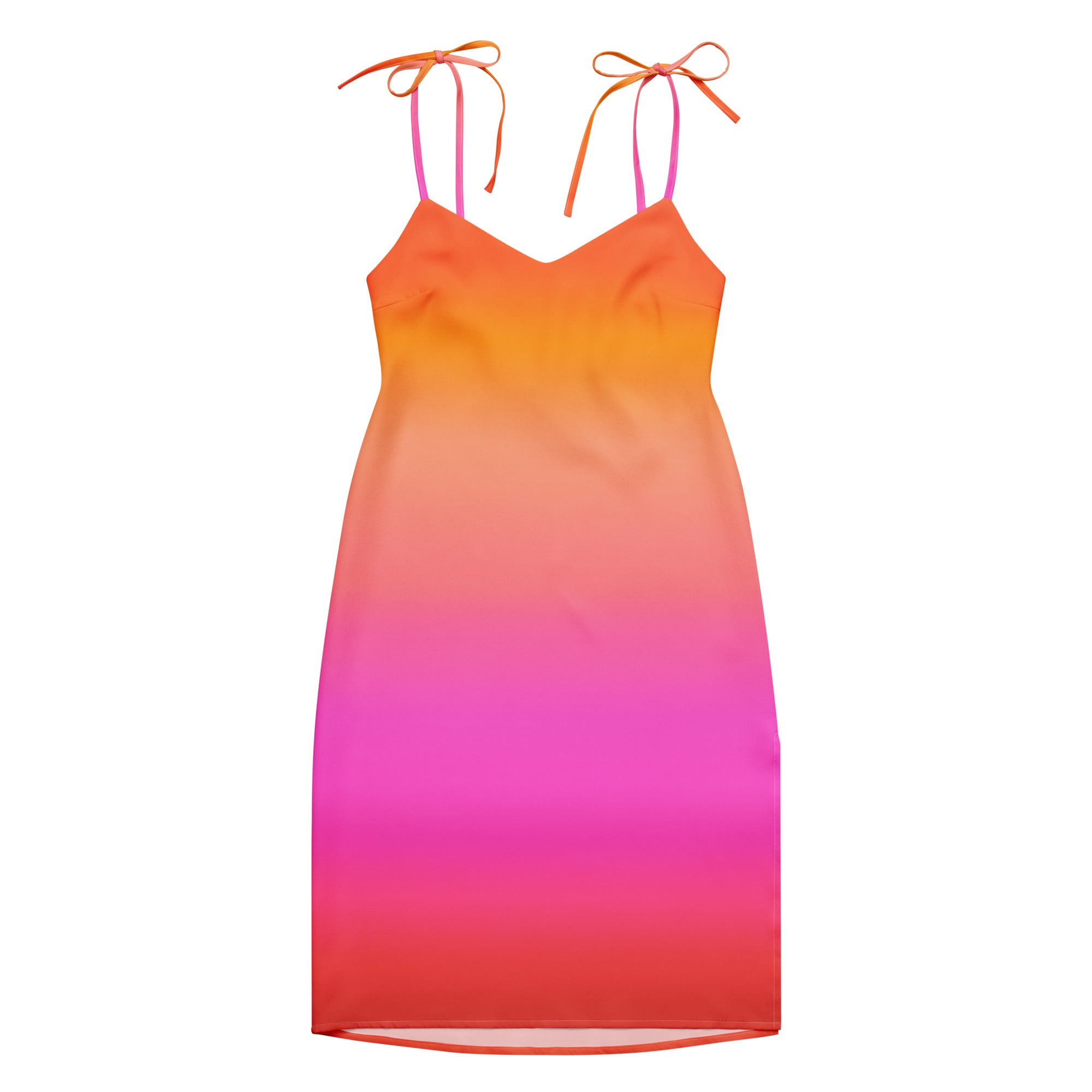 A women’s sunset ombre slip midi dress with adjustable tie straps and built-in bra in orange pink and red gradient