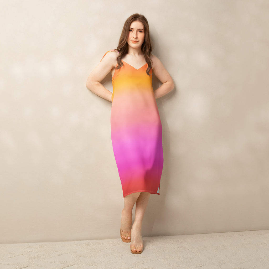 Women’s sunset ombre slip dress midi with adjustable tie straps flowing sleeveless gradient orange to magenta pink