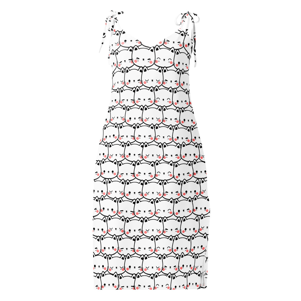 Women’s white sleeveless midi slip dress with black cat print pink blush and adjustable tie shoulder straps with built in bra