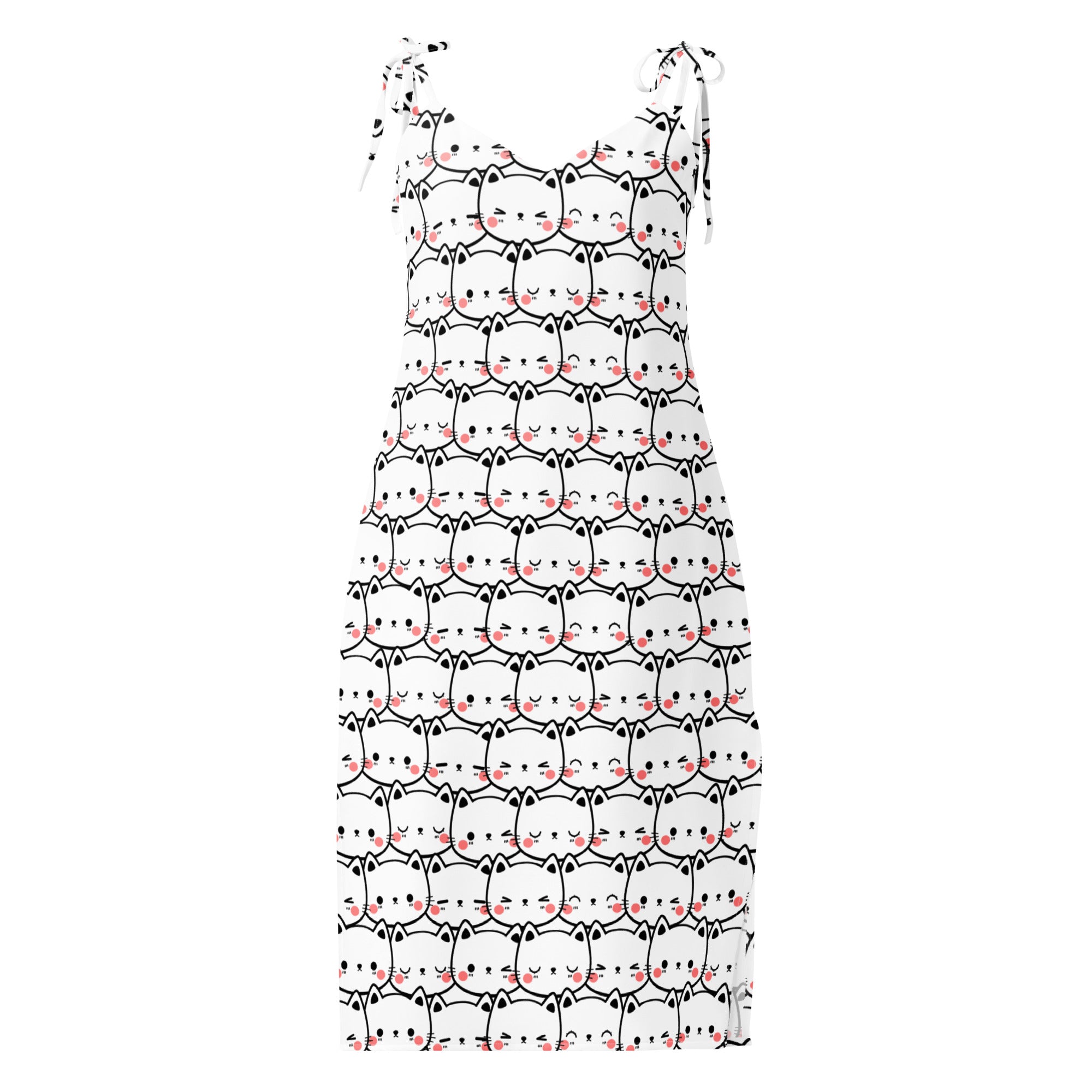 Women’s white sleeveless midi slip dress with black cat print pink blush and adjustable tie shoulder straps with built in bra