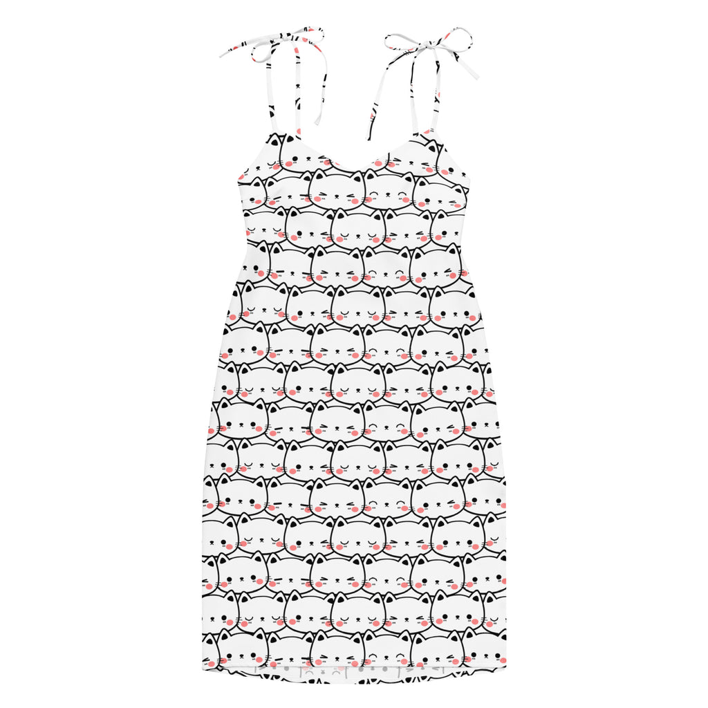 White women’s cat print slip dress with adjustable tie straps midi dress featuring black outline cartoon cats design