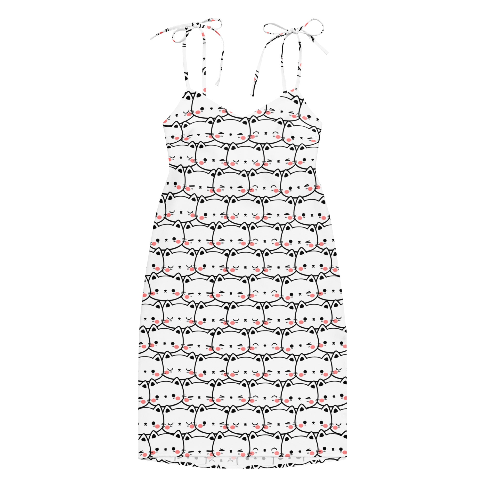 White women’s cat print slip dress with adjustable tie straps midi dress featuring black outline cartoon cats design