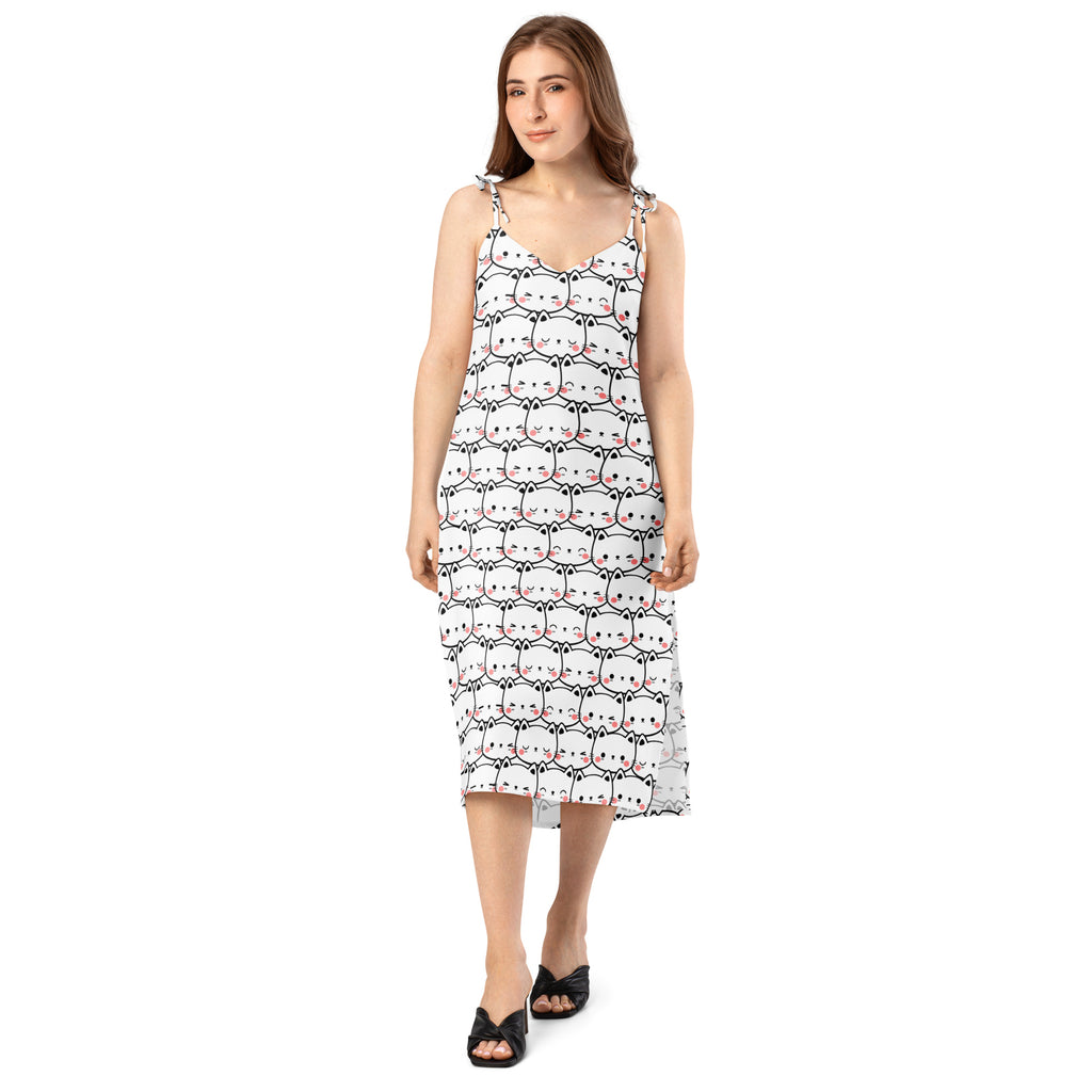 Women’s white midi slip dress with black cat print pink cheeks adjustable tie straps and built in bra