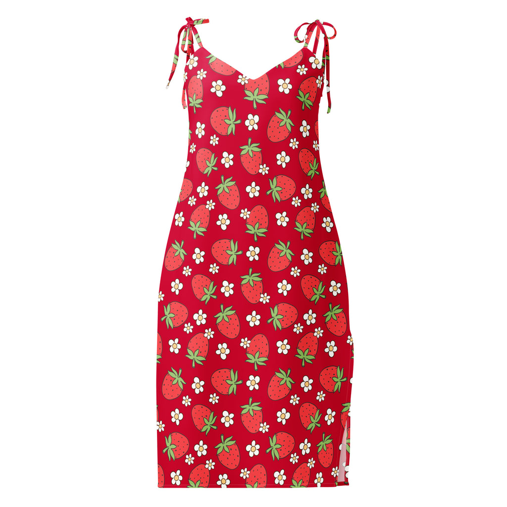 Women’s red strawberry slip midi dress with vibrant print, adjustable tie straps, and built-in bra for comfort