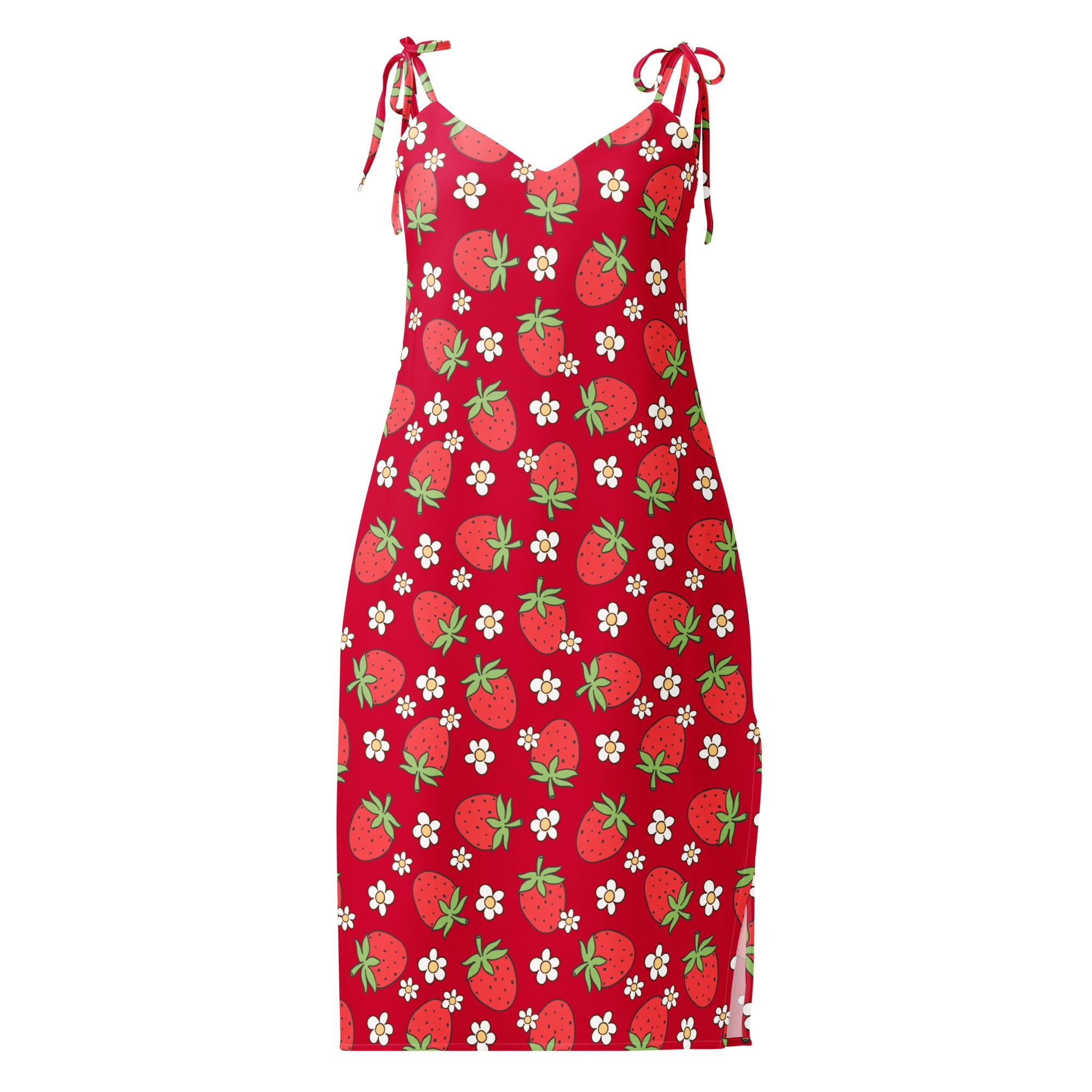 Women’s red strawberry slip midi dress with vibrant print, adjustable tie straps, and built-in bra for comfort
