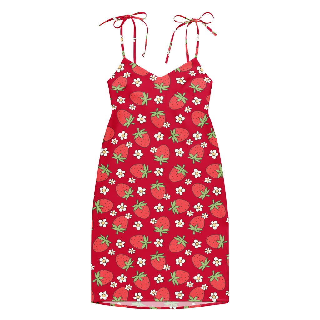 Women’s red strawberry print midi slip dress with adjustable tied shoulder straps and built in bra