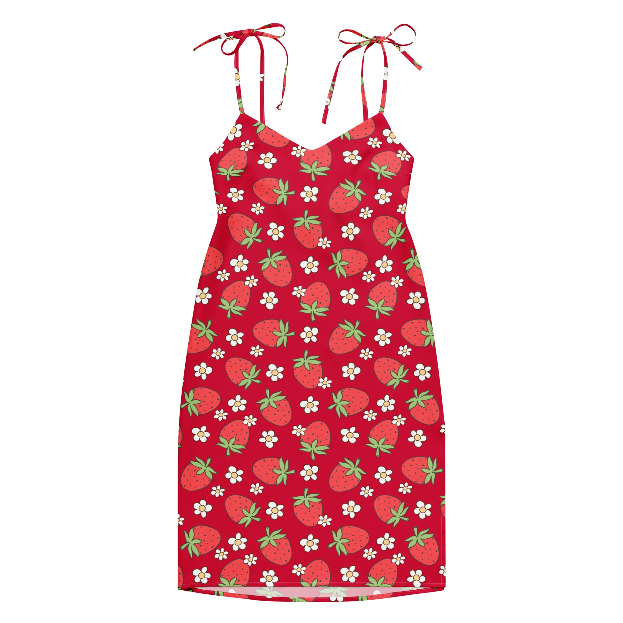 Women’s red strawberry print midi slip dress with adjustable tied shoulder straps and built in bra