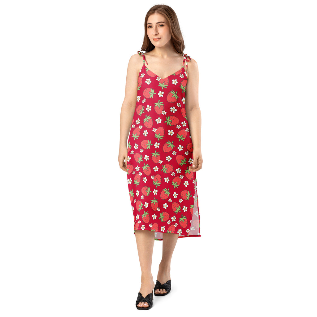 Women’s red strawberry slip dress midi dress with adjustable tie straps thin shoulder straps and built in bra