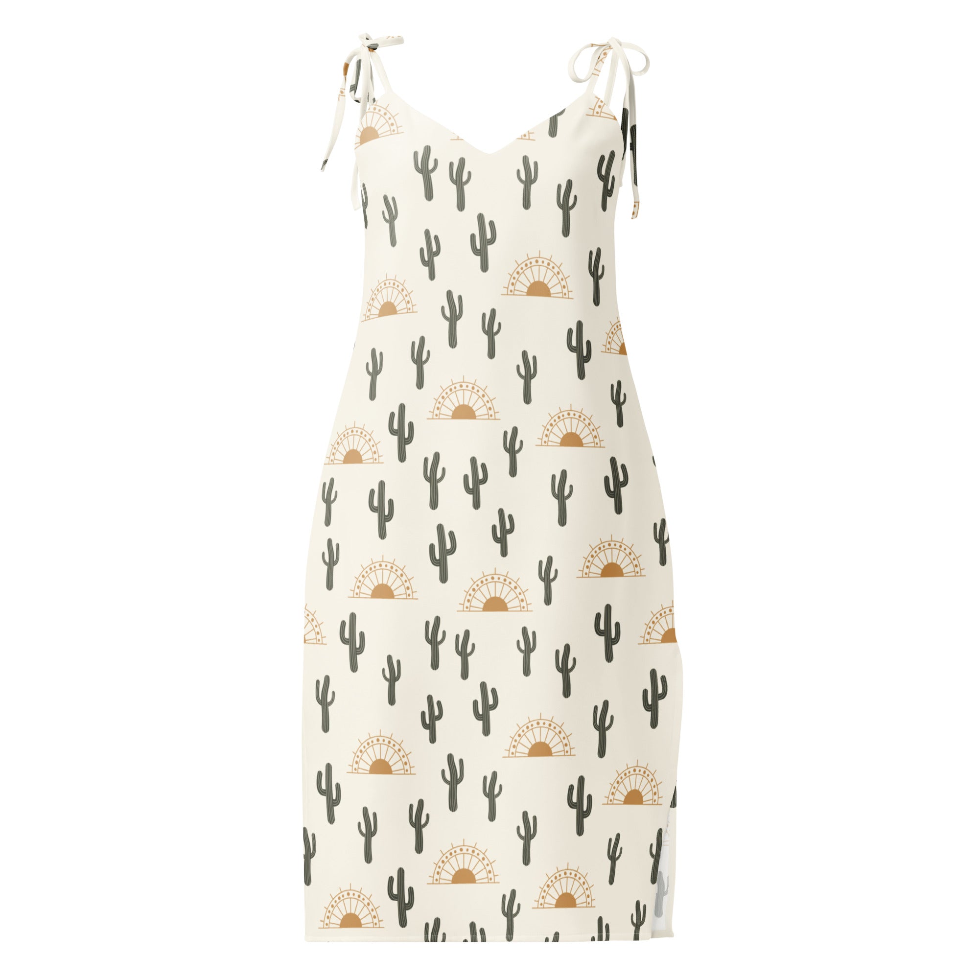 Cream-colored women’s desert cactus sunrise slip midi dress with v-neckline, adjustable tie straps, and black cactus print
