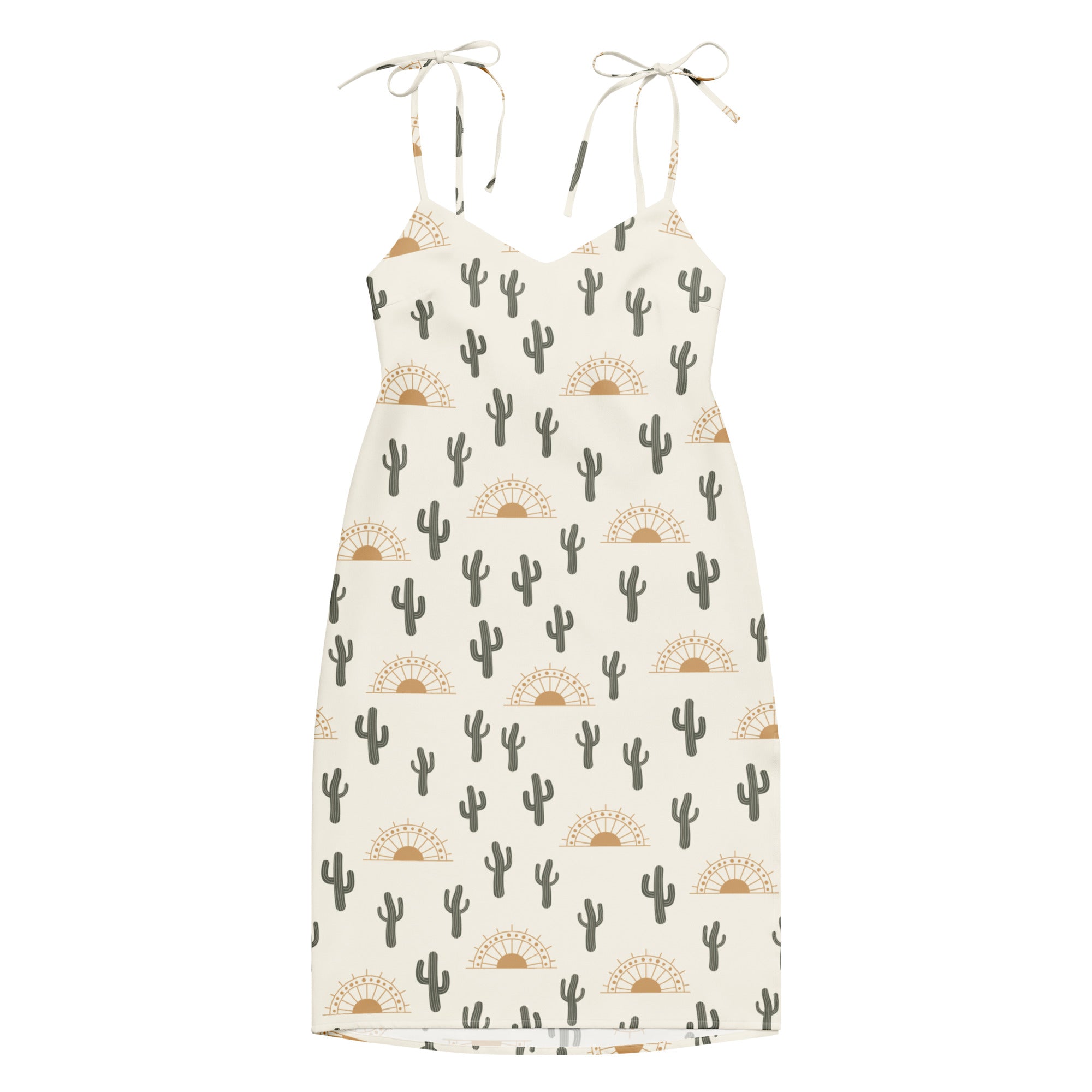Cream-colored women’s desert cactus sunrise slip midi dress with adjustable tie straps and cactus sunburst pattern