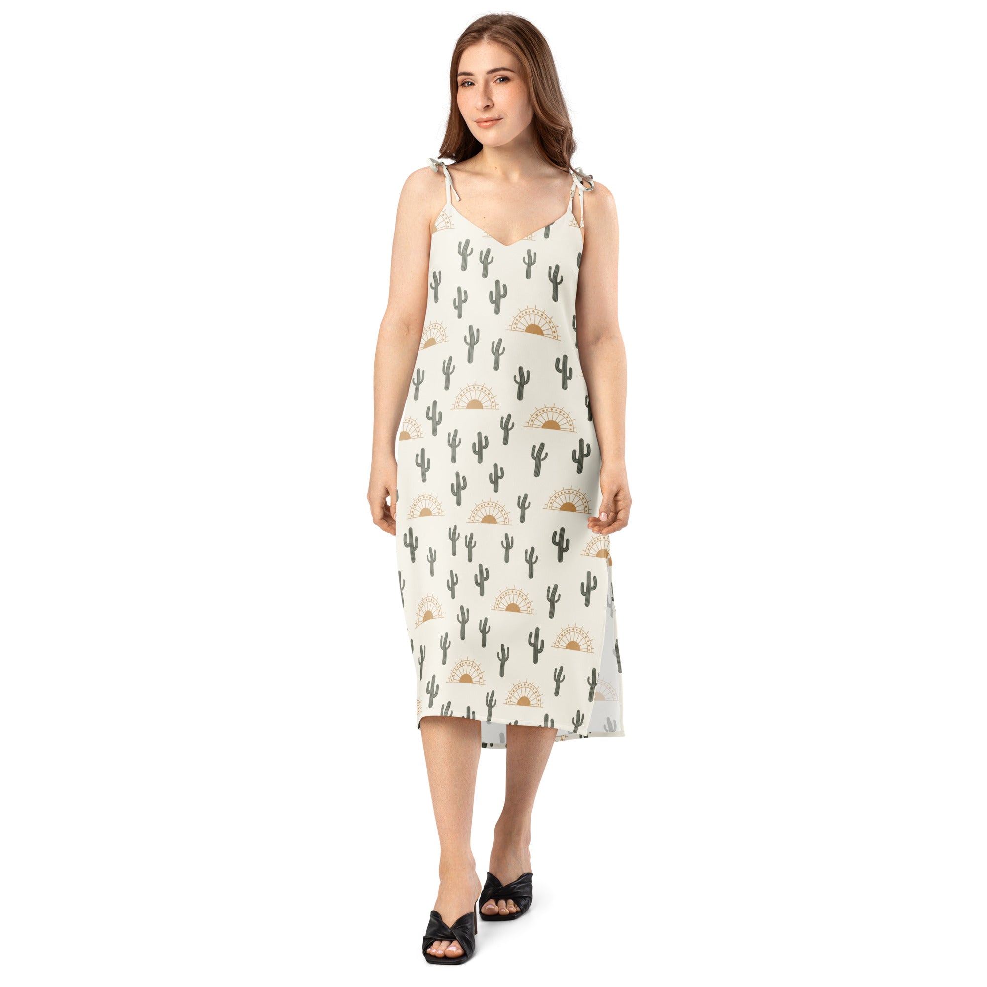 Women’s off-white midi sundress with black cactus and gold sun patterns featuring adjustable tie straps and built-in bra
