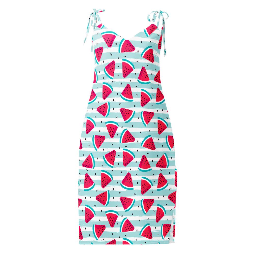 Woman wearing a vibrant watermelon stripe slip midi dress with adjustable tie straps and built in bra