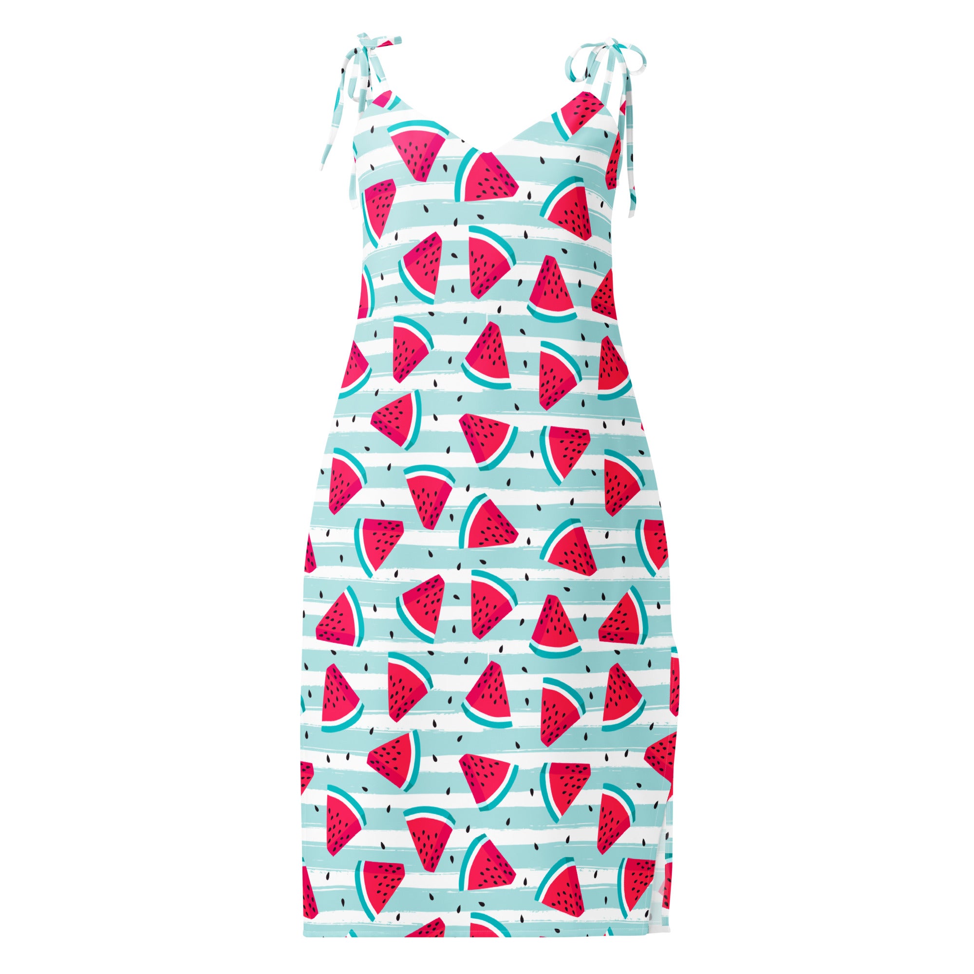 Woman wearing a vibrant watermelon stripe slip midi dress with adjustable tie straps and built in bra