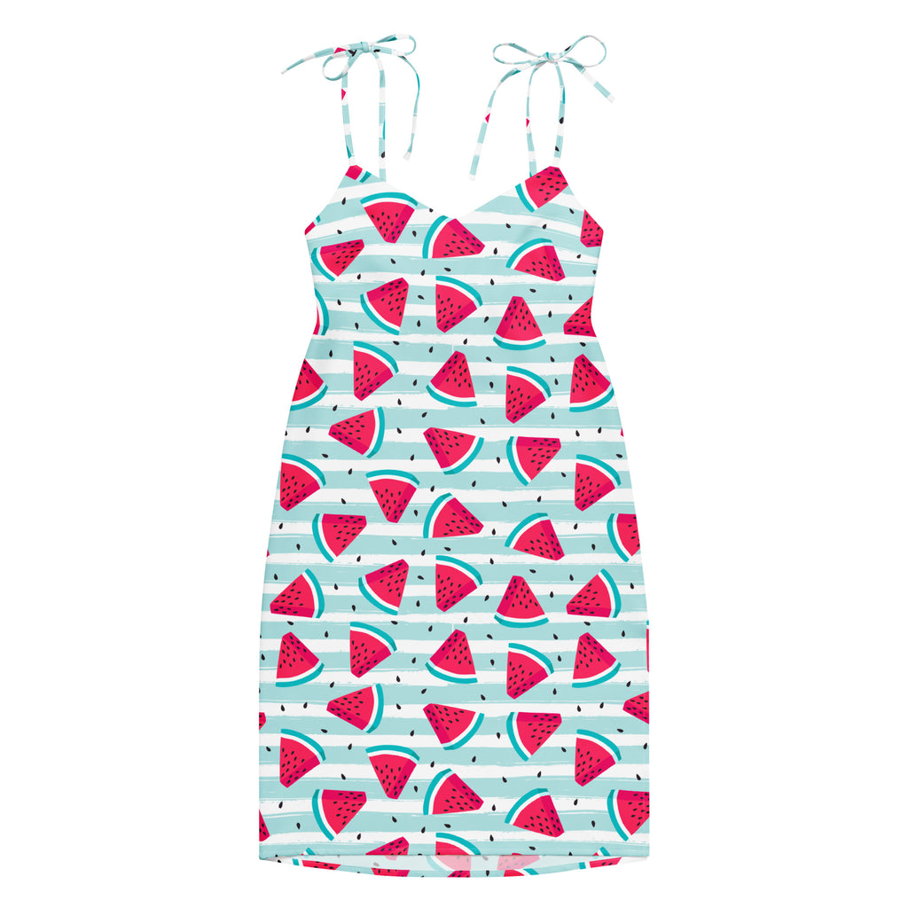 Women’s watermelon stripe slip midi dress with adjustable tie straps and built in bra in vibrant red and blue pattern