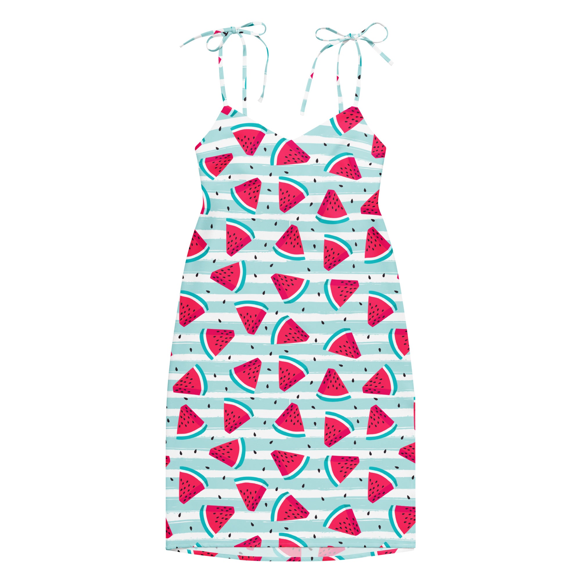 Women’s watermelon stripe slip midi dress with adjustable tie straps and built in bra in vibrant red and blue pattern