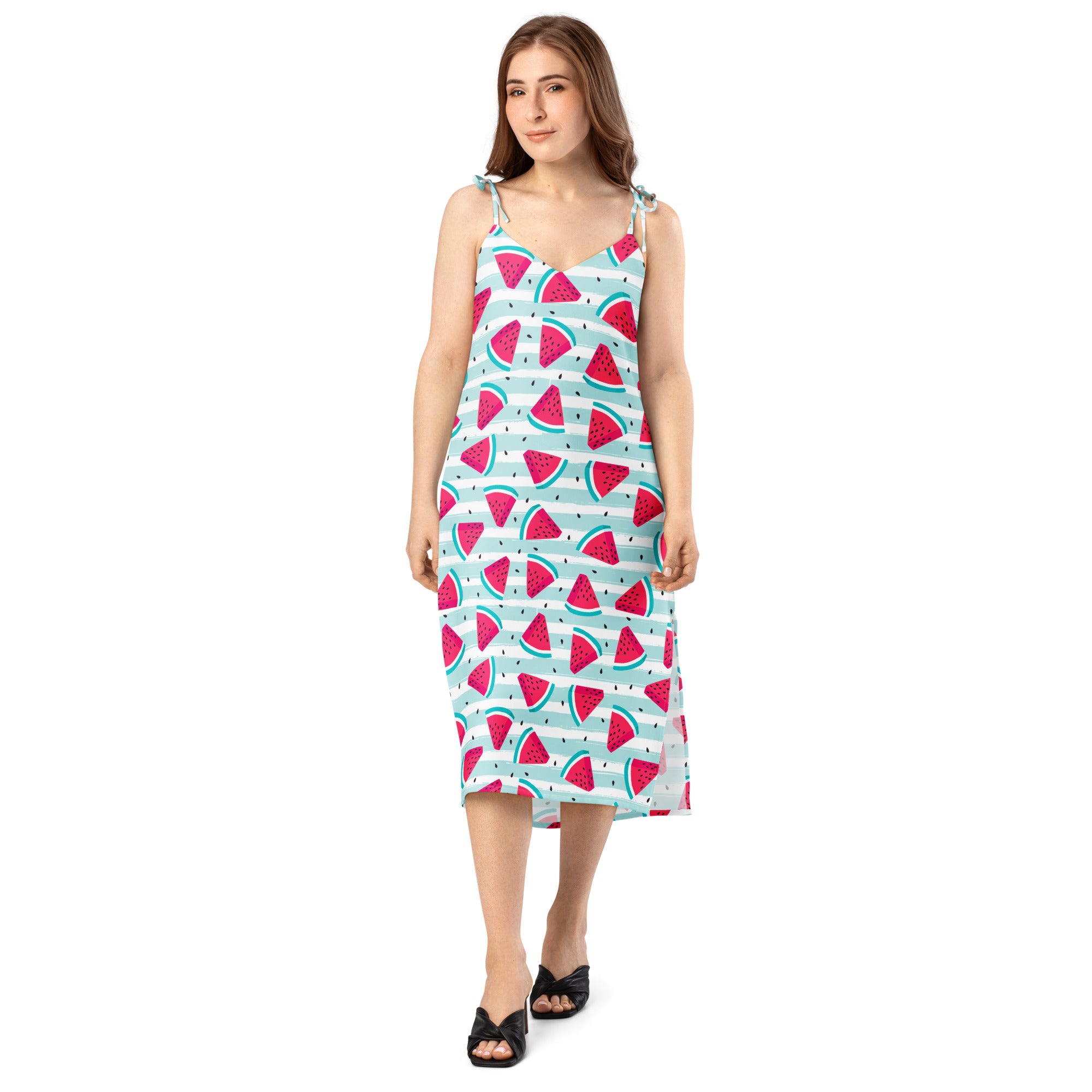 Women’s watermelon stripe slip dress midi with vibrant watermelon pattern on light blue and white stripes and thin straps