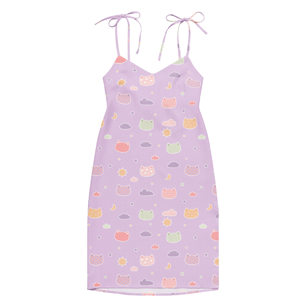 Women’s pastel purple kawaii cats and clouds lavender spaghetti strap midi slip dress with adjustable tie straps and built in bra