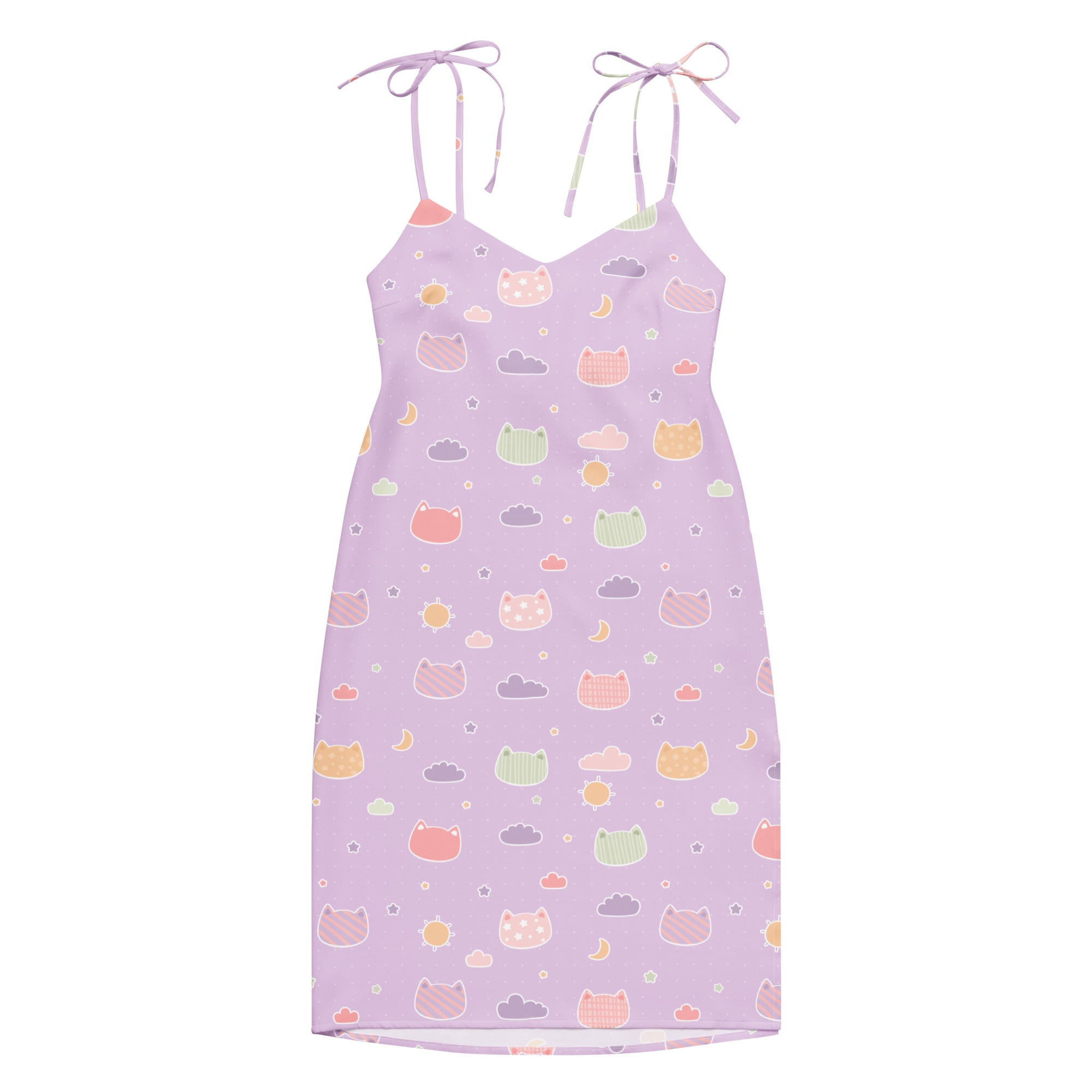 Women’s pastel purple kawaii cats and clouds lavender spaghetti strap midi slip dress with adjustable tie straps and built in bra