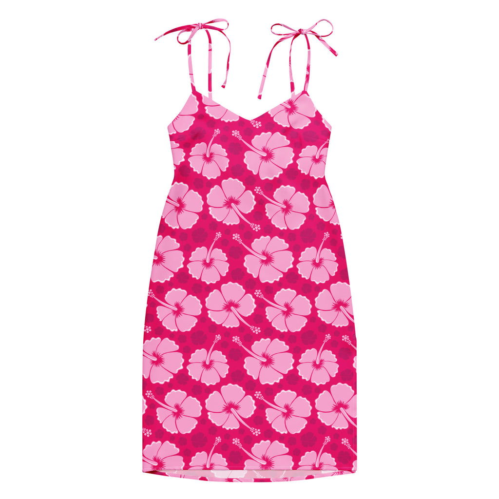 Women’s tropical pink hibiscus slip dress midi with vibrant pattern adjustable tie spaghetti straps and built in bra