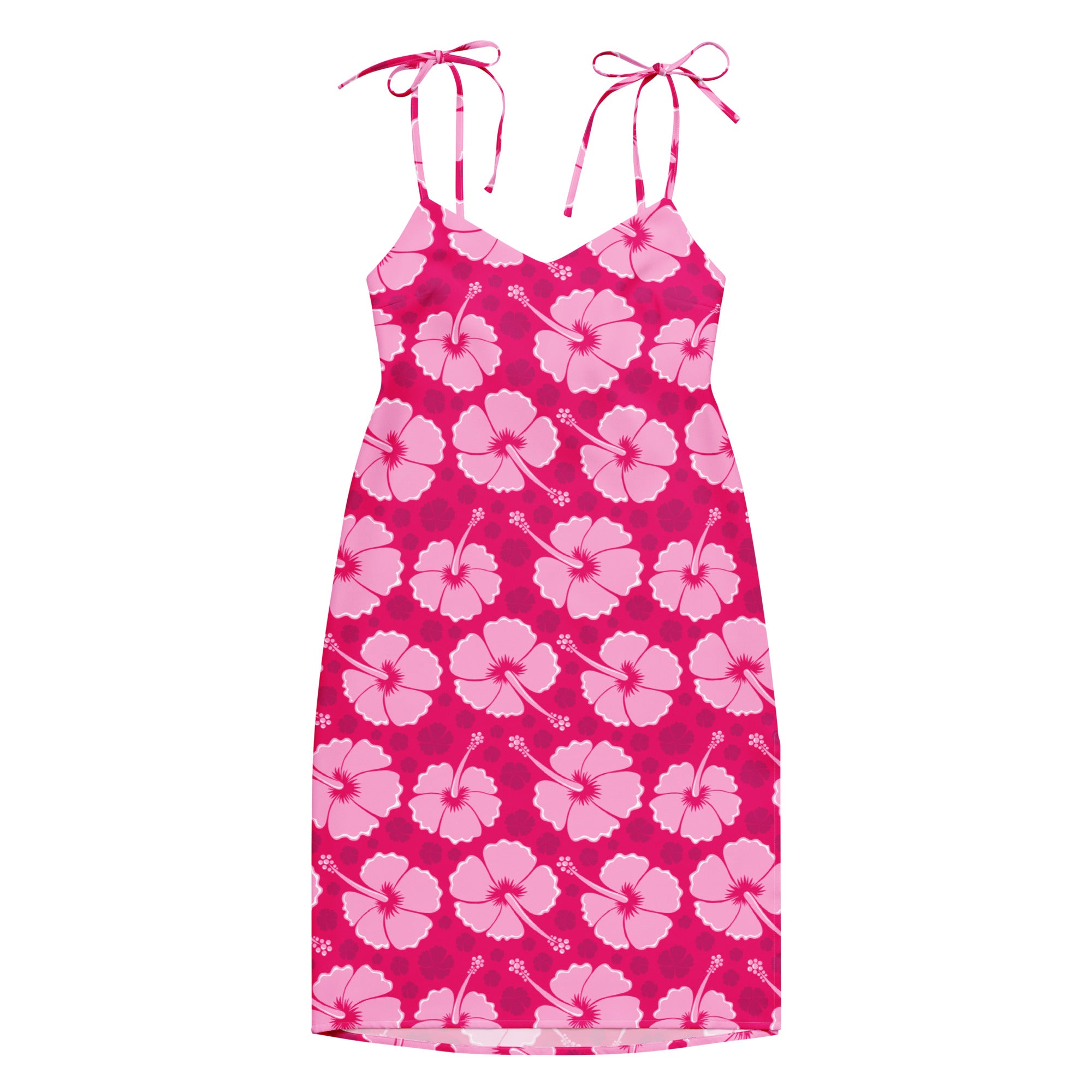 Women’s tropical pink hibiscus slip dress midi with vibrant pattern adjustable tie spaghetti straps and built in bra