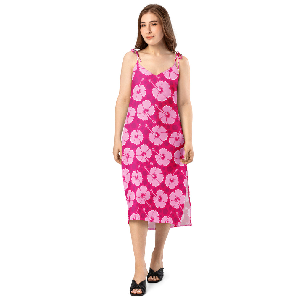 Women’s tropical pink hibiscus slip midi dress with adjustable tie straps and built-in bra in lightweight fabric