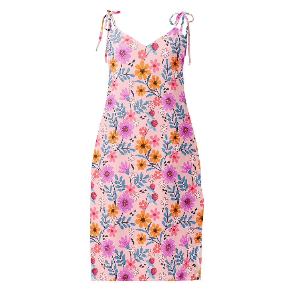 Women’s pink floral slip dress with adjustable tie straps v-neckline and built-in bra for a flattering fit