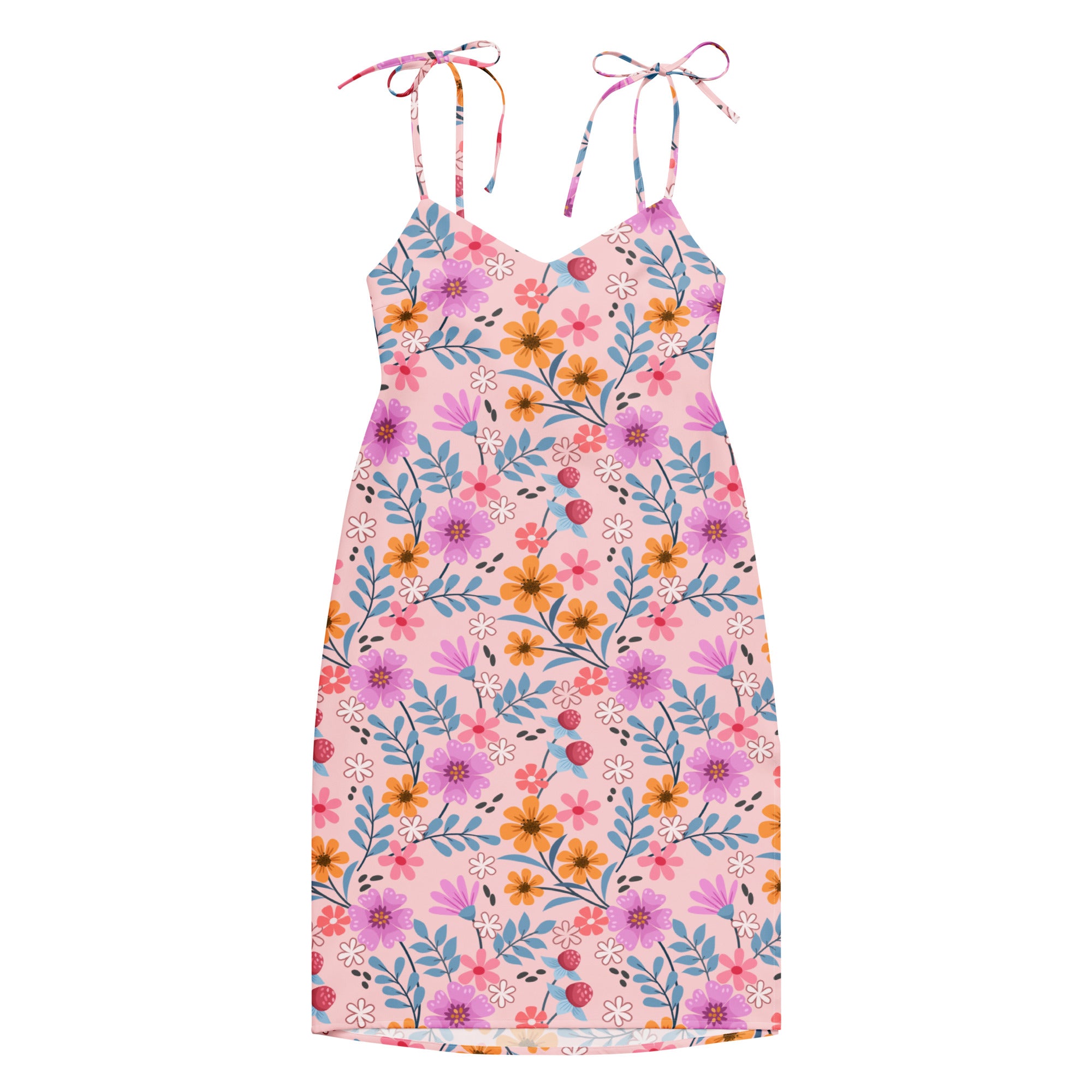 Women’s pink floral midi slip dress with adjustable tie straps and built in bra in lightweight fabric