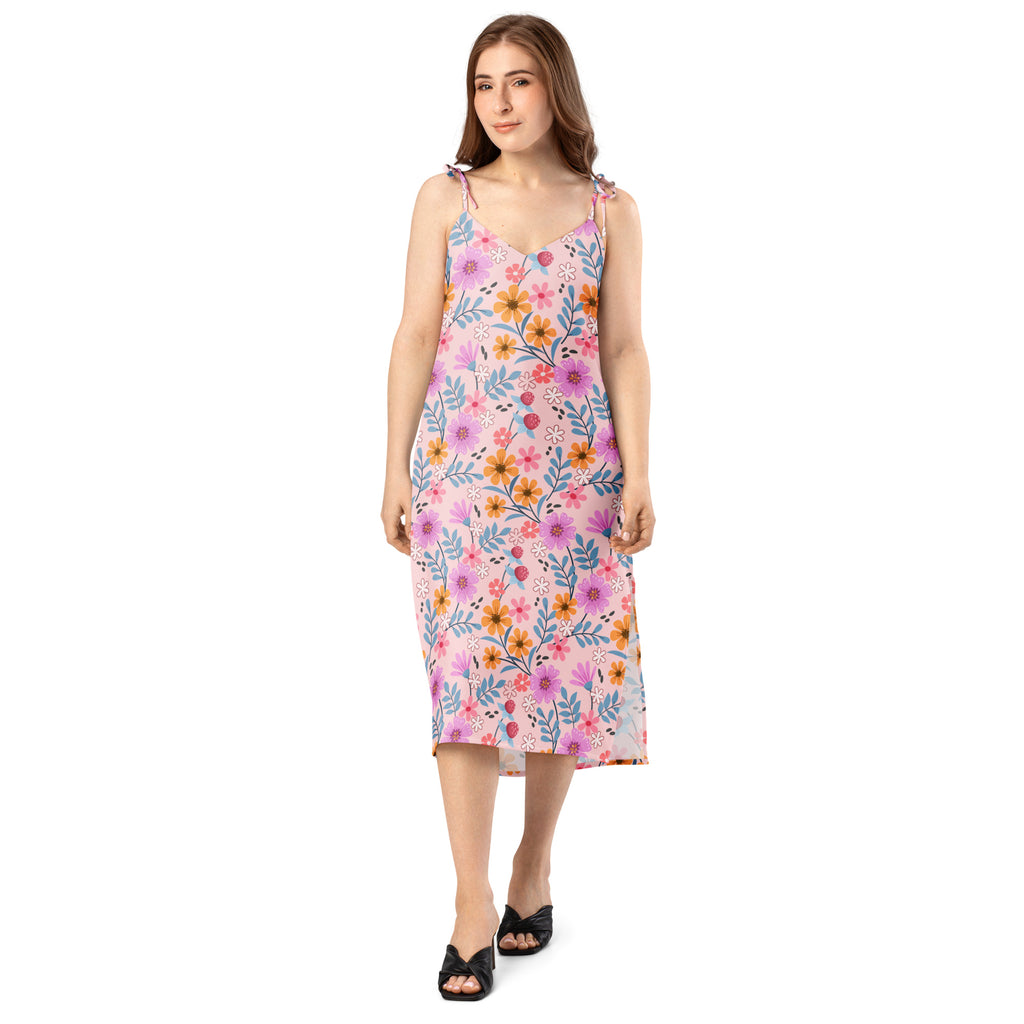 Women pink floral slip dress midi dress with adjustable tie straps flowing sleeveless soft pastel pink fabric