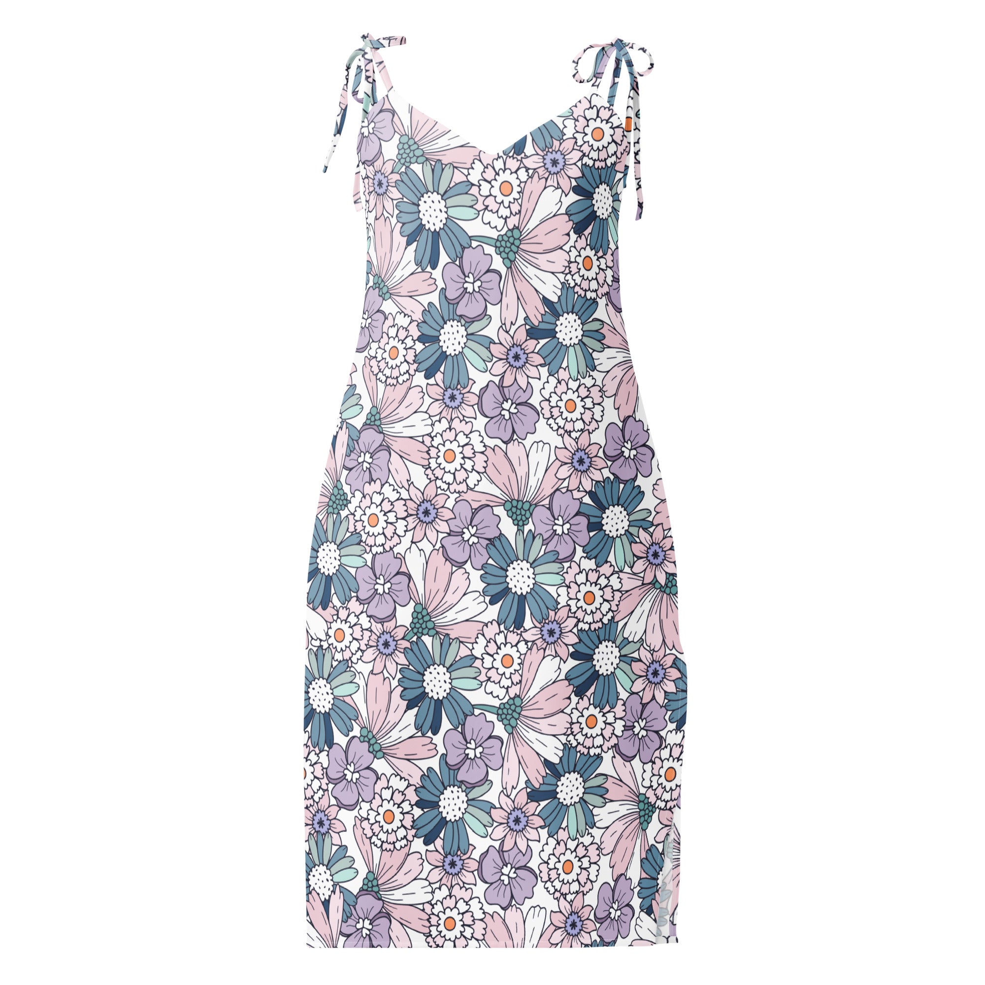Women’s pastel floral slip dress midi with adjustable tie-back straps featuring soft pink purple and blue pattern