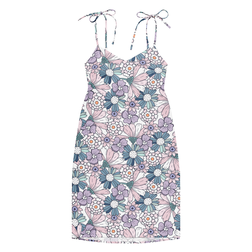 Women’s pastel floral slip midi dress with adjustable tie-back straps in soft pink lavender and teal hues