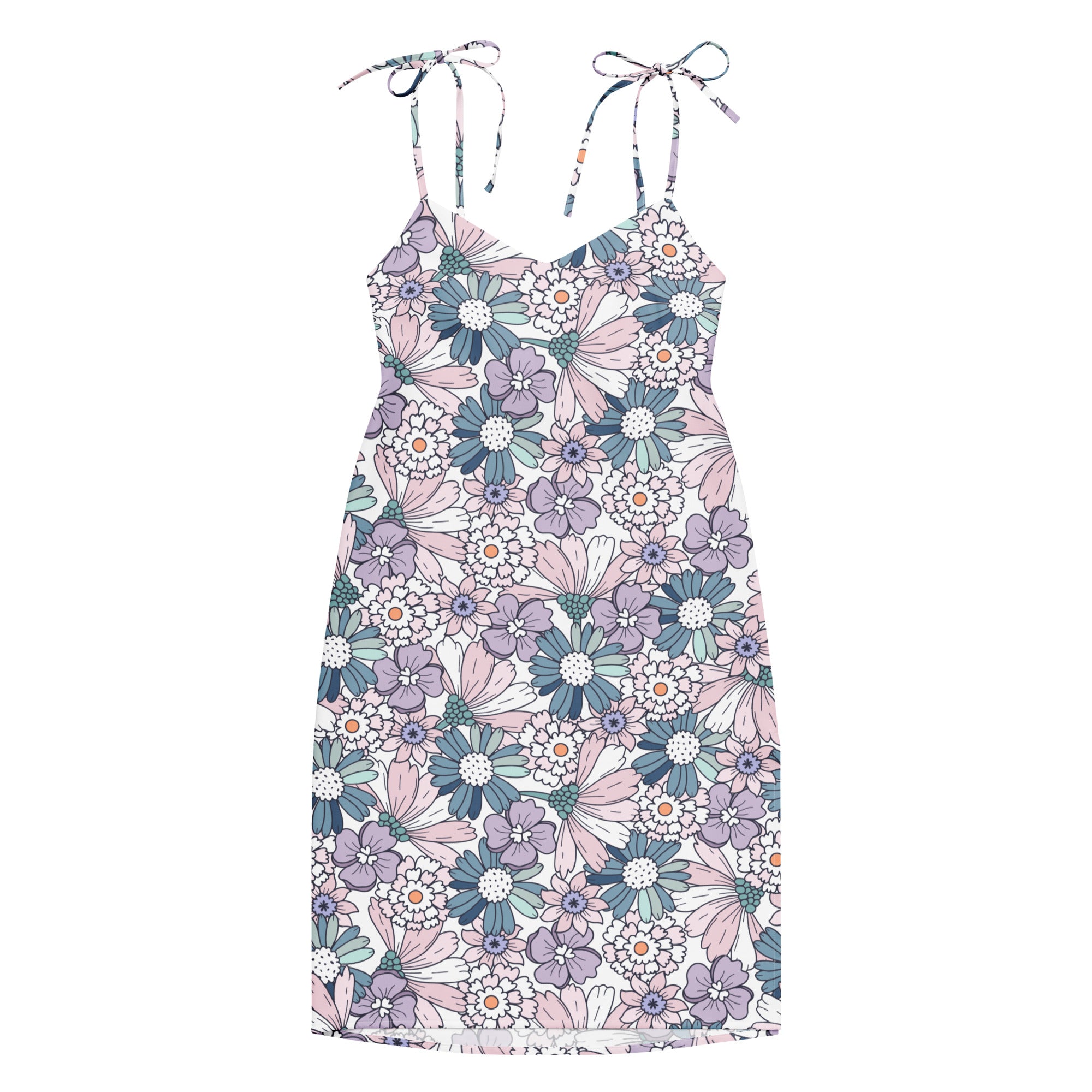 Women’s pastel floral slip midi dress with adjustable tie-back straps in soft pink lavender and teal hues