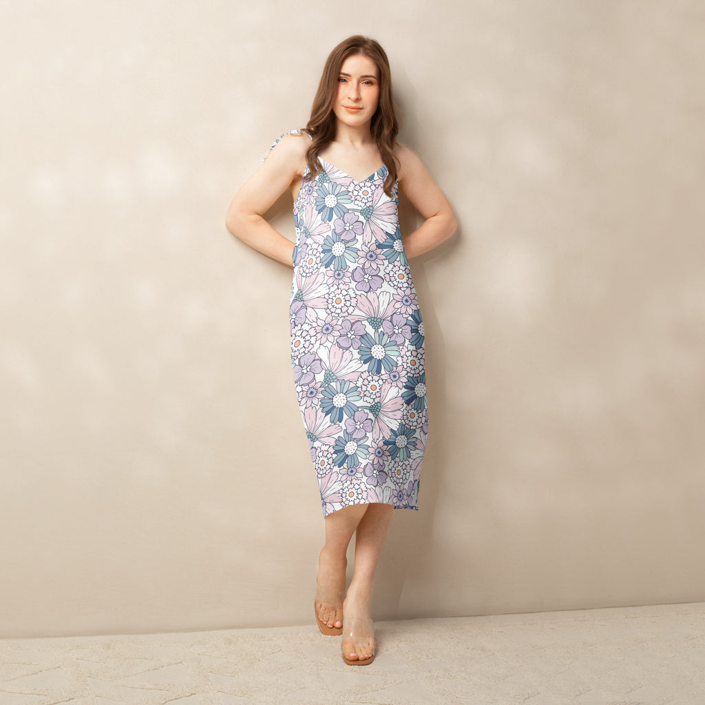 Women’s pastel floral slip midi dress with adjustable tie straps built in bra in lavender teal and white floral pattern