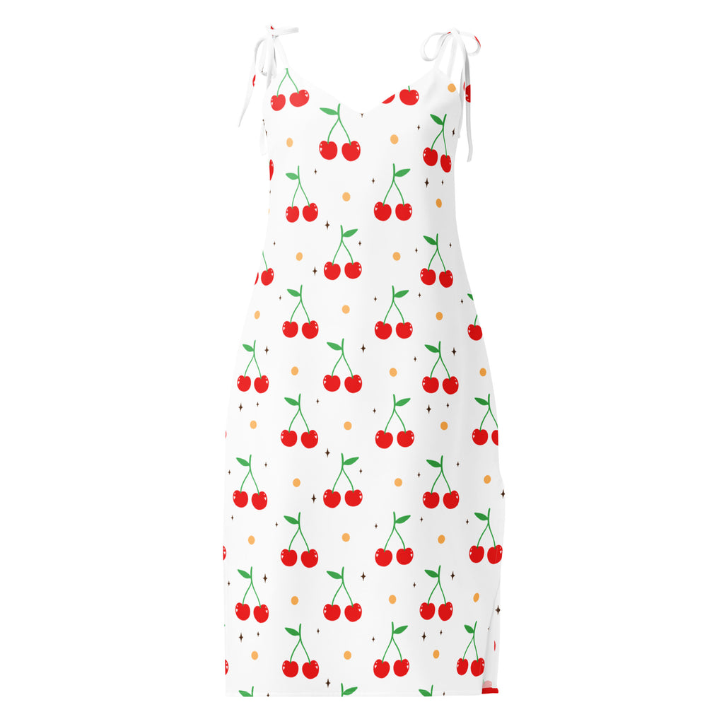 White cherry print slip dress midi with adjustable tie straps built in bra featuring red cherries green stems and yellow dots