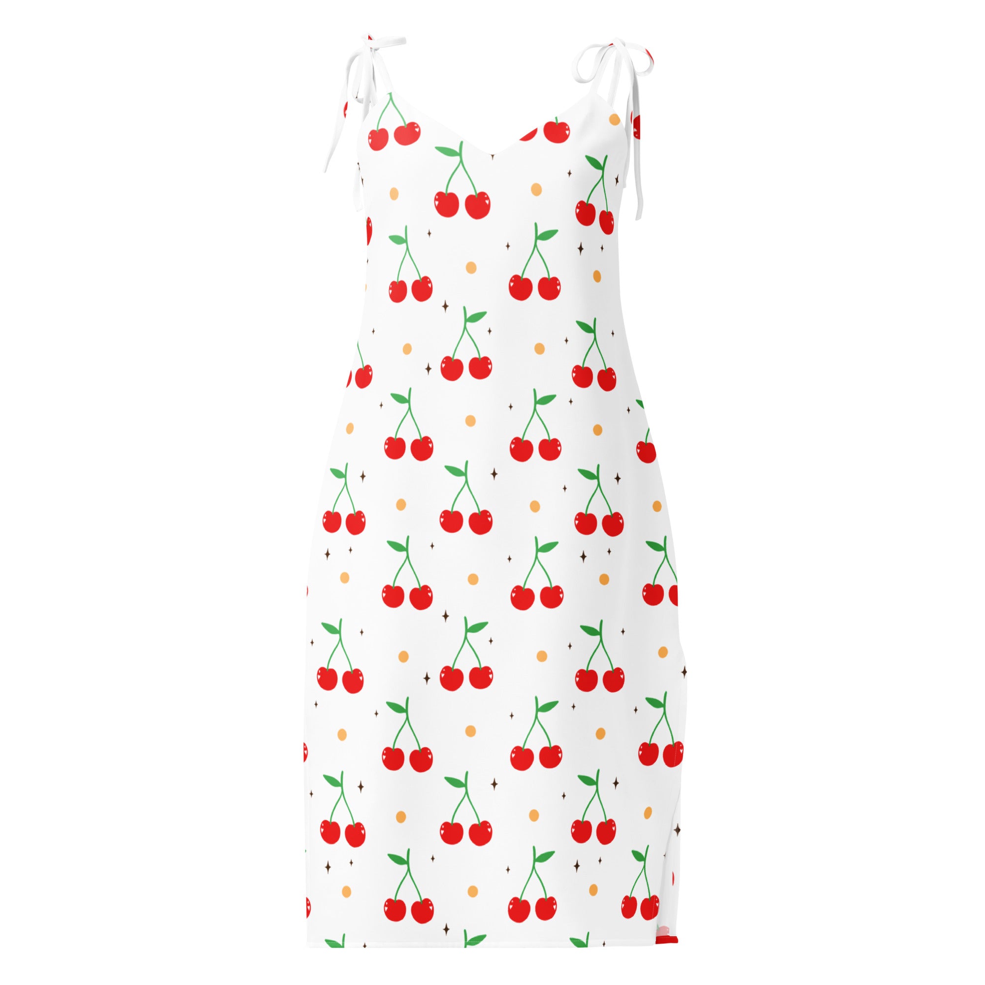 White cherry print slip dress midi with adjustable tie straps built in bra featuring red cherries green stems and yellow dots