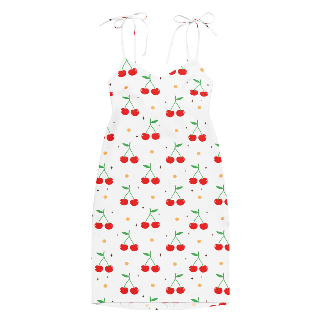 Women’s white cherry print slip dress with red cherries green stems gold dots midi adjustable tie straps built in bra