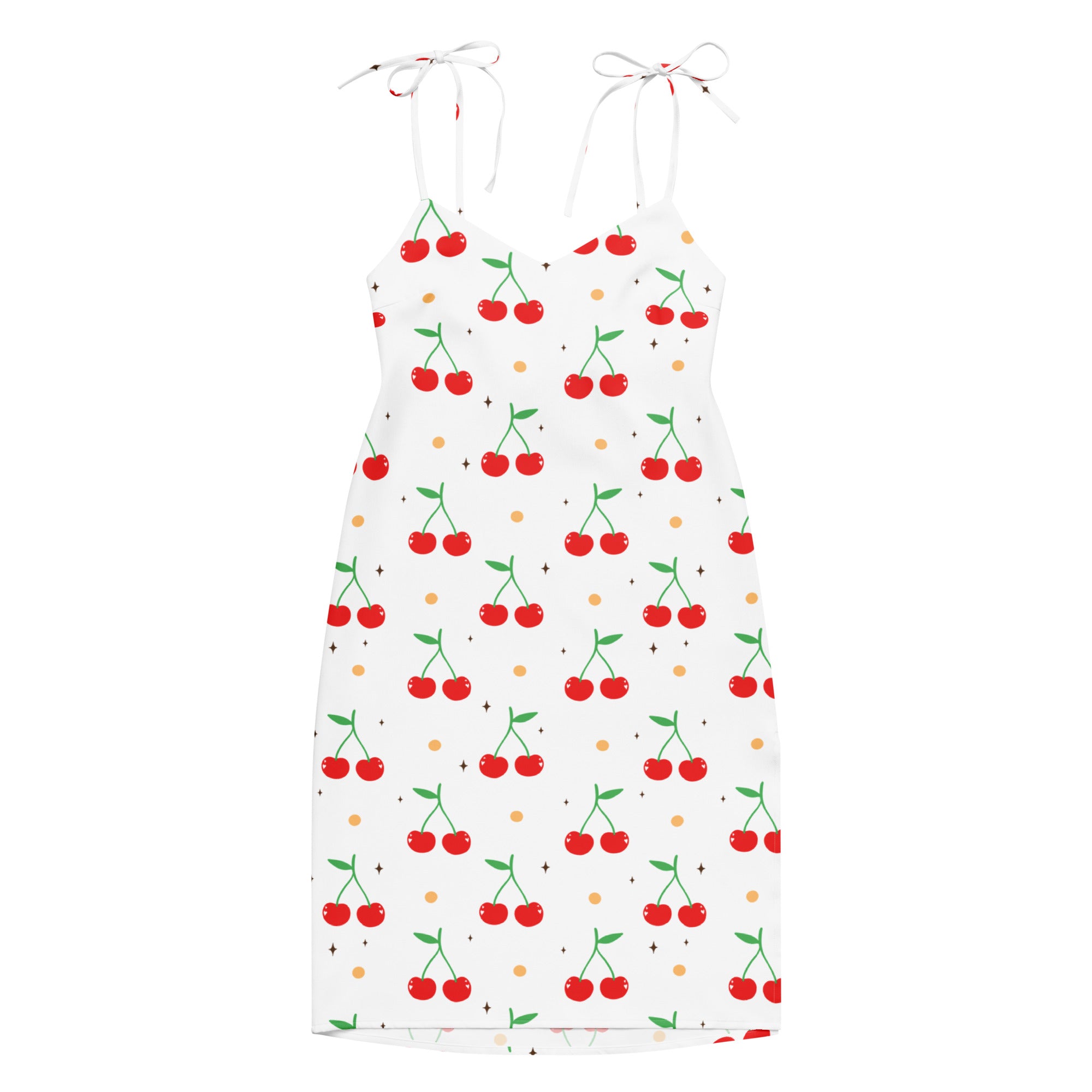 Women’s white cherry print slip dress with red cherries green stems gold dots midi adjustable tie straps built in bra