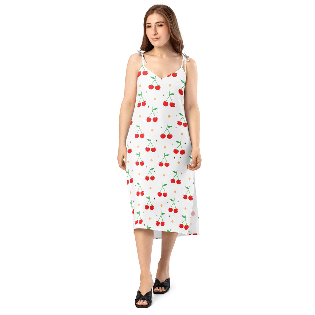 White cherry print slip midi dress with adjustable tie straps and built in bra for women