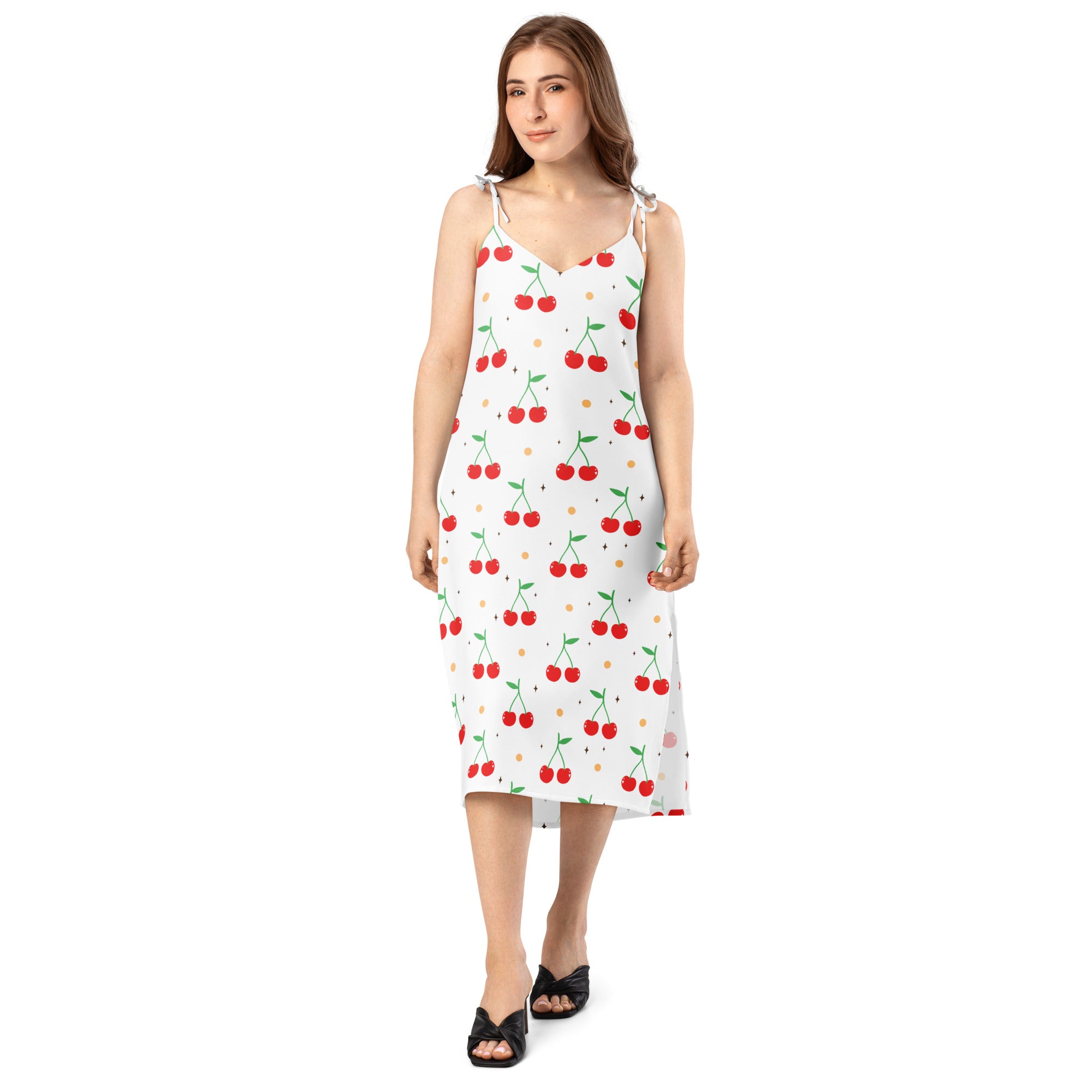White cherry print slip midi dress with adjustable tie straps and built in bra for women