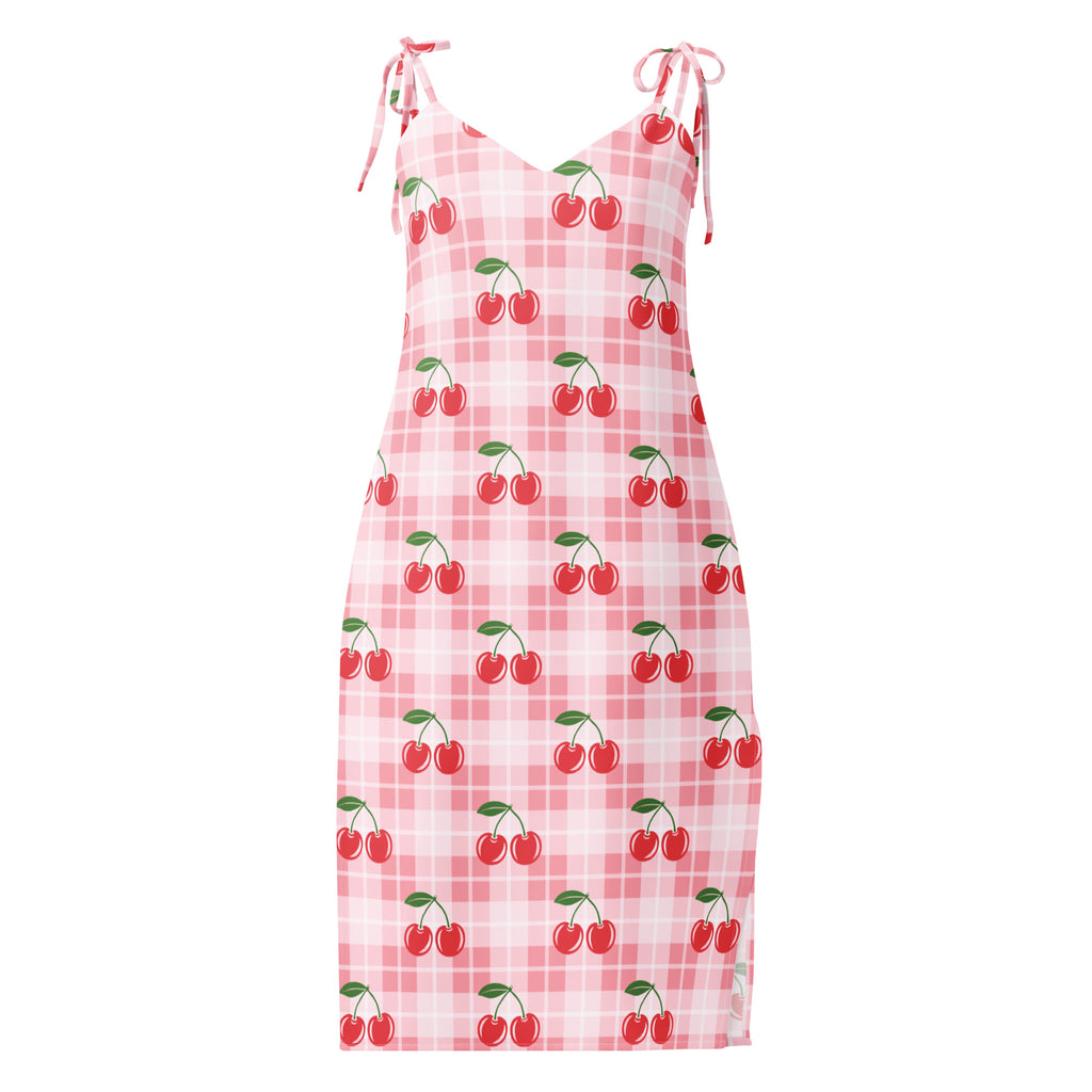 Women’s pink cherry gingham slip dress midi dress with adjustable tie straps and red cherry prints