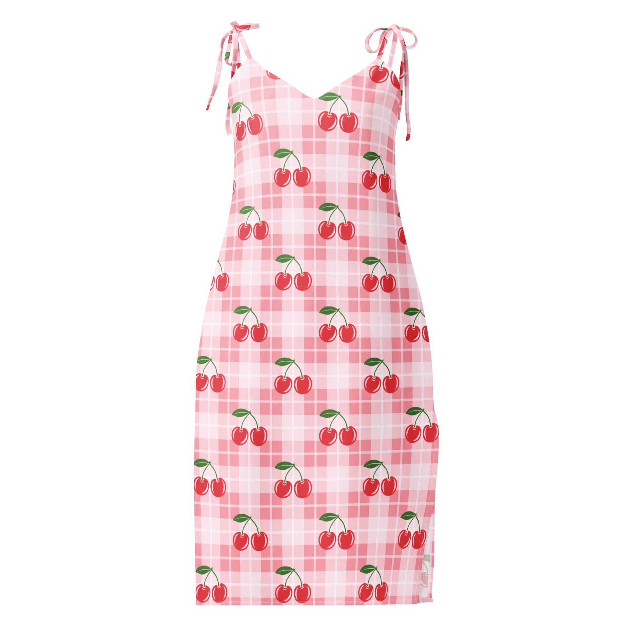 Women’s pink cherry gingham slip dress midi dress with adjustable tie straps and red cherry prints