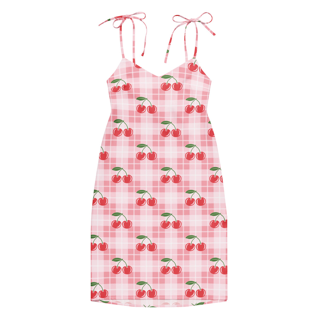 Women’s pink cherry plaid sundress with adjustable tie straps and built in bra perfect for summer wear