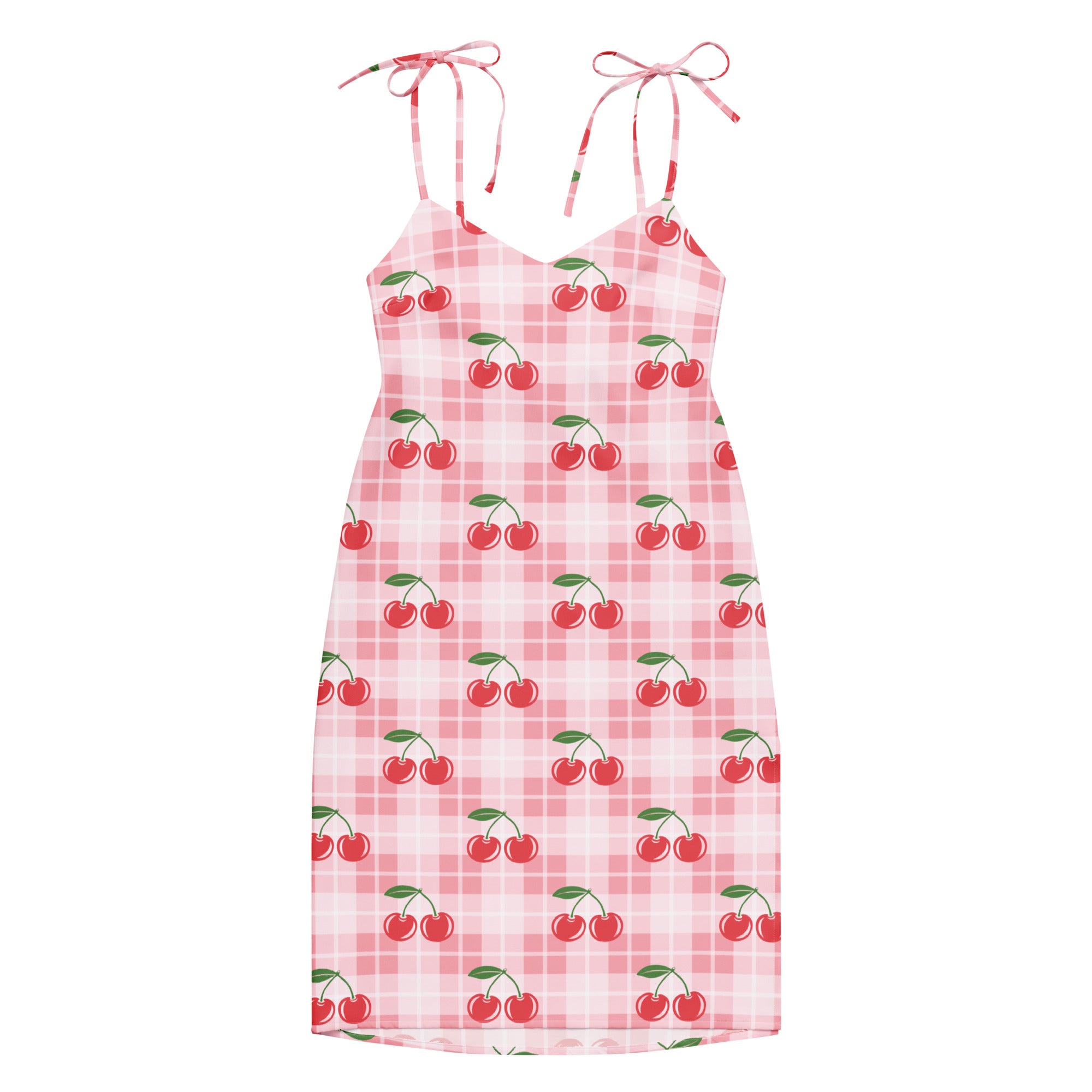 Women’s pink cherry plaid sundress with adjustable tie straps and built in bra perfect for summer wear