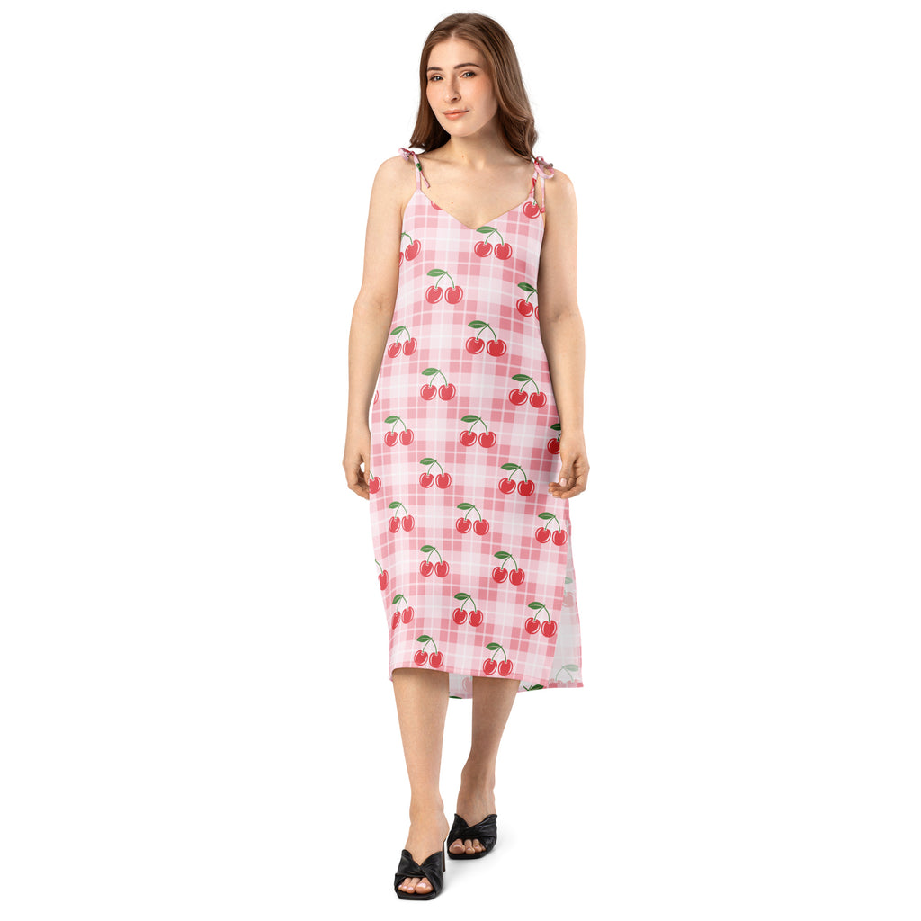 Women’s pink cherry gingham slip midi dress with adjustable tie straps and built-in bra in a checkered pattern