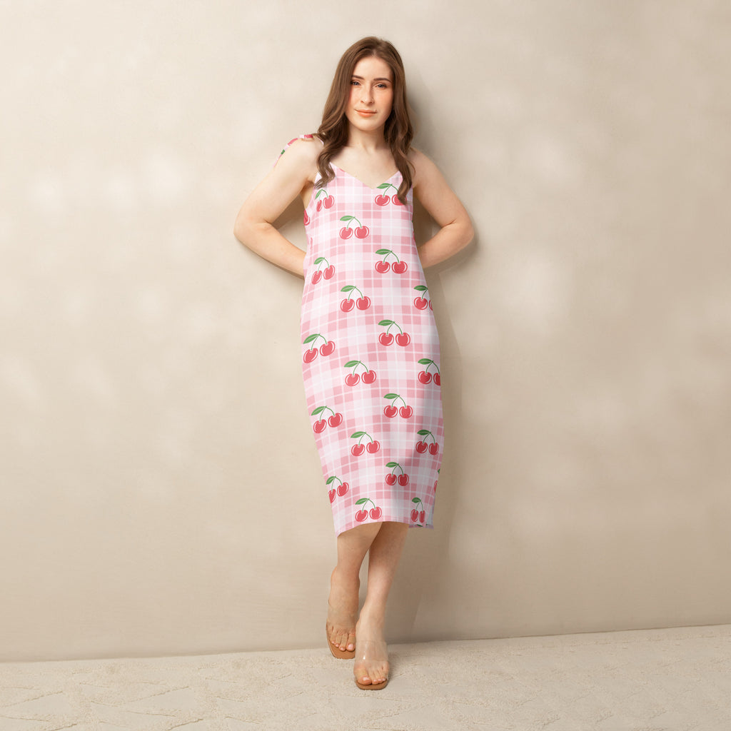 Women pink cherry gingham midi slip dress with adjustable tie straps and built in bra in pink white checkered fabric