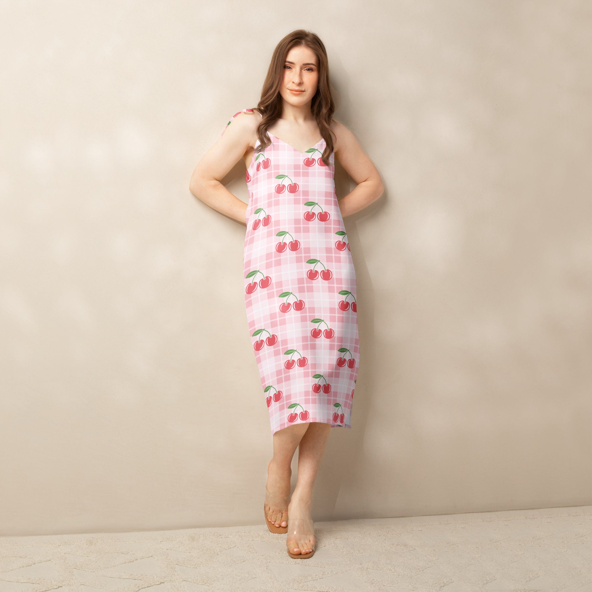 Women pink cherry gingham midi slip dress with adjustable tie straps and built in bra in pink white checkered fabric