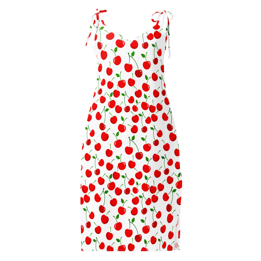 Women’s white sleeveless midi slip dress with red cherry print green stems adjustable tie shoulder straps and built in bra