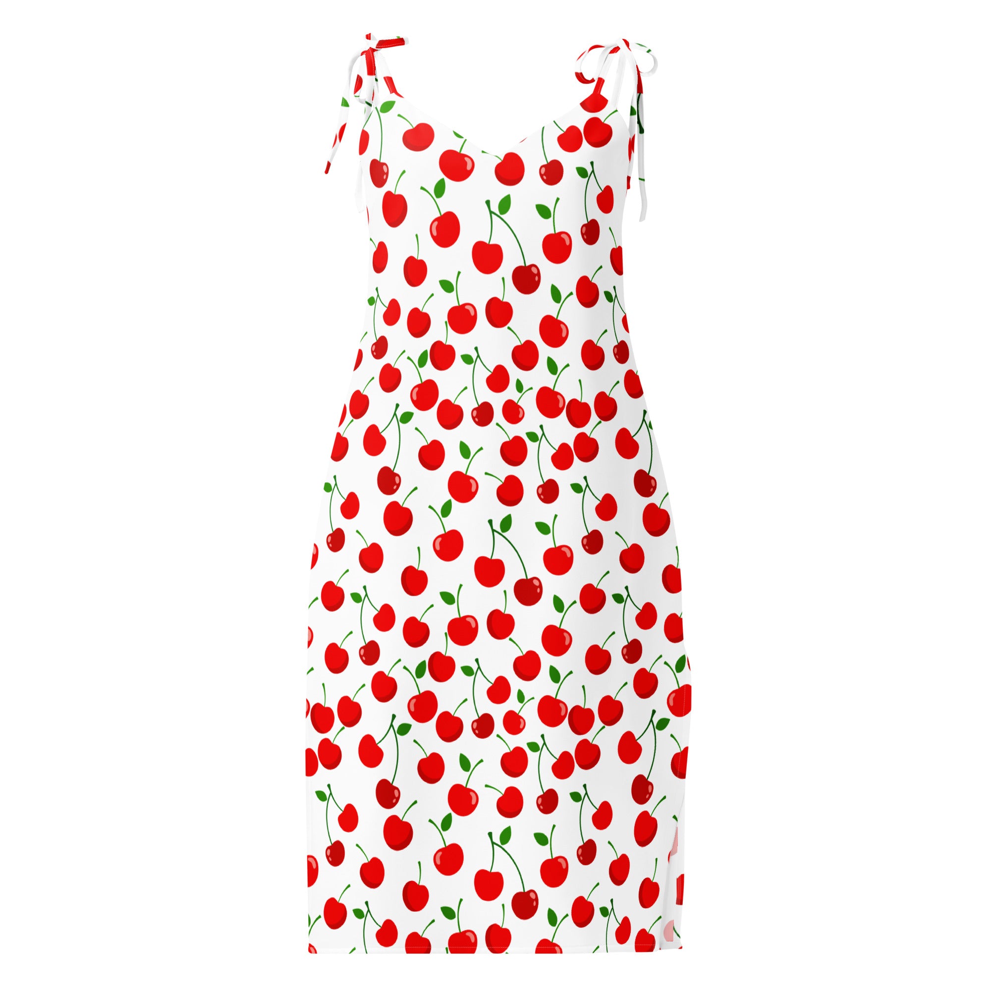 Women’s white sleeveless midi slip dress with red cherry print green stems adjustable tie shoulder straps and built in bra