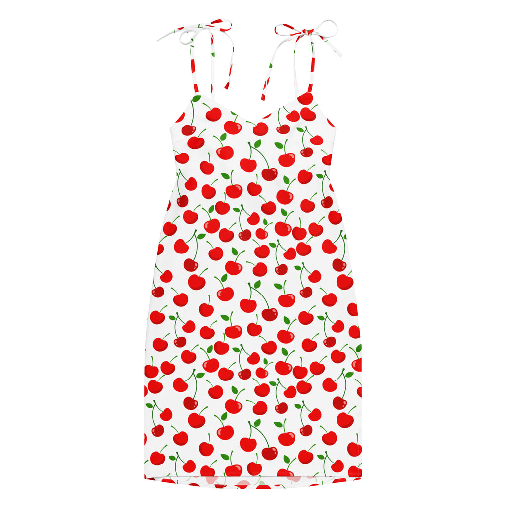 Women’s white cherry print midi slip dress with adjustable tie straps and built in bra featuring red cherries and green stems