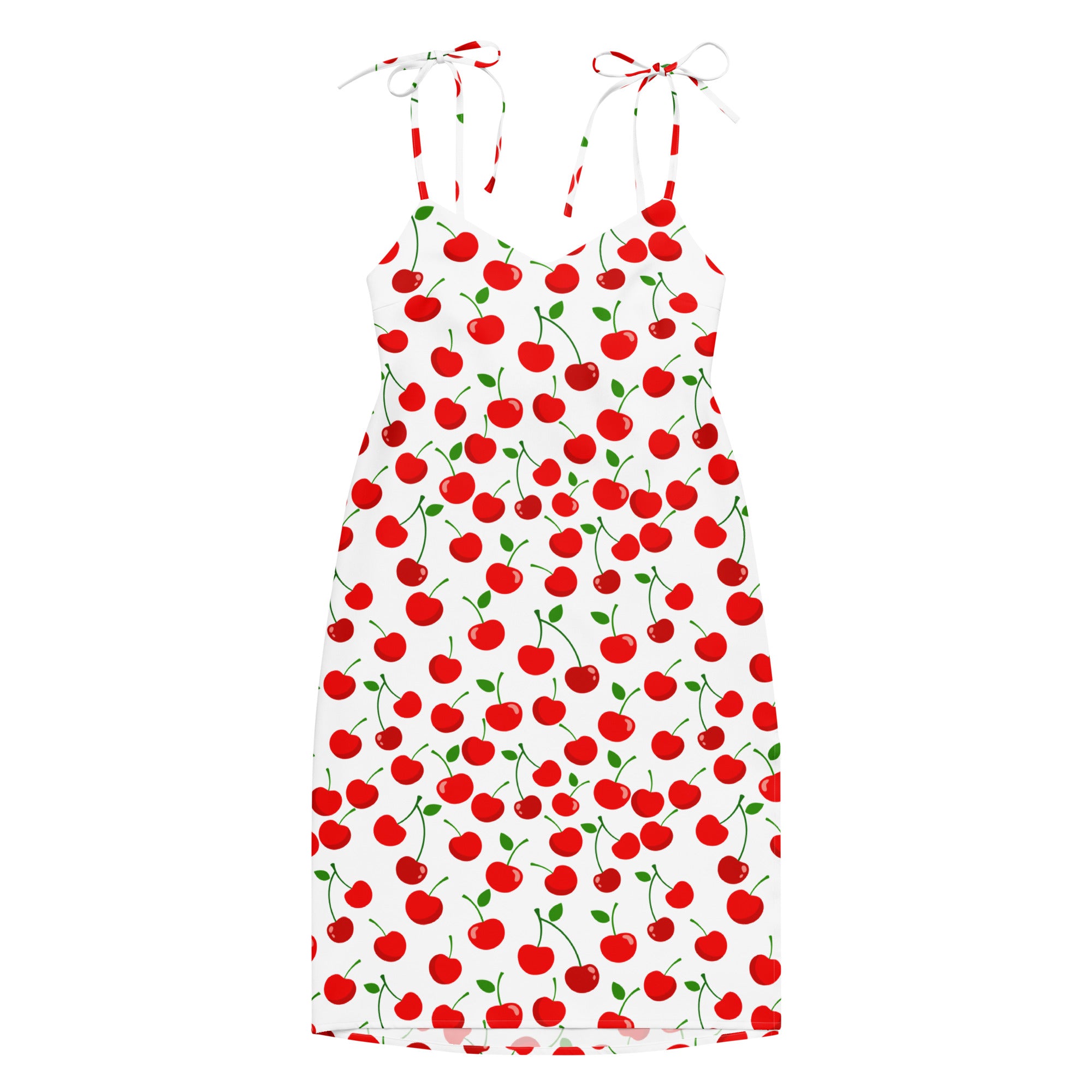 Women’s white cherry print midi slip dress with adjustable tie straps and built in bra featuring red cherries and green stems
