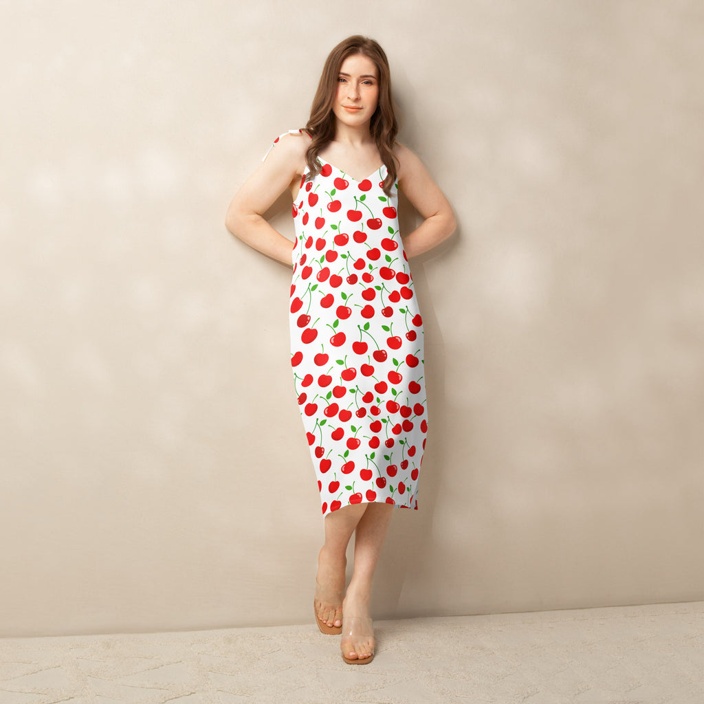 Women’s white cherry print midi slip dress with red cherries green stems thin adjustable tie straps and built in bra